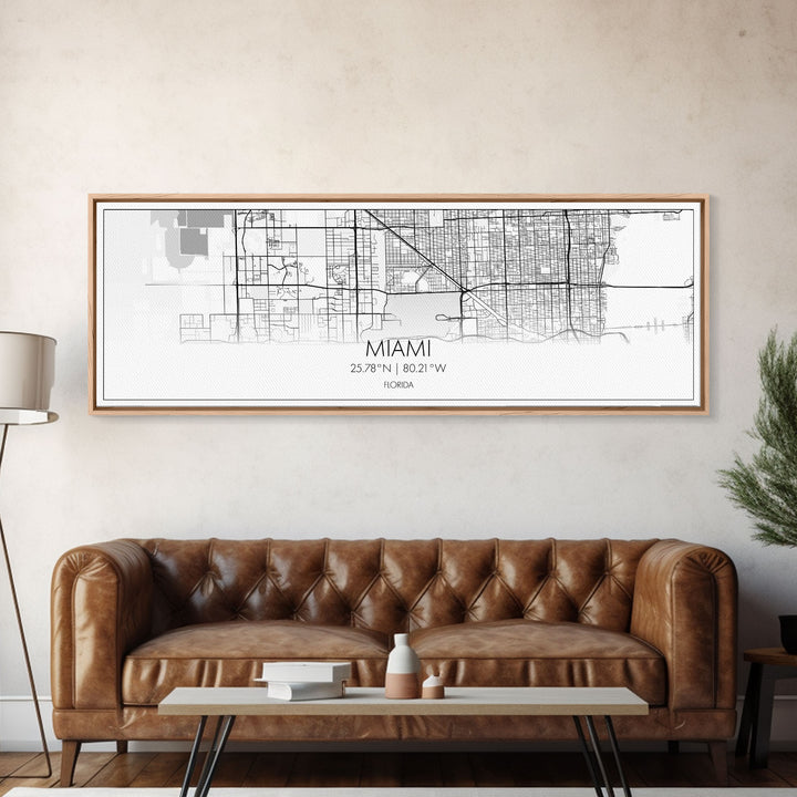 Panoramic Miami City Map, Florida Art, Map Print, Minimalist Wall Art, Canvas Art, Housewarming Gift, Street Map Art, Closing Gift