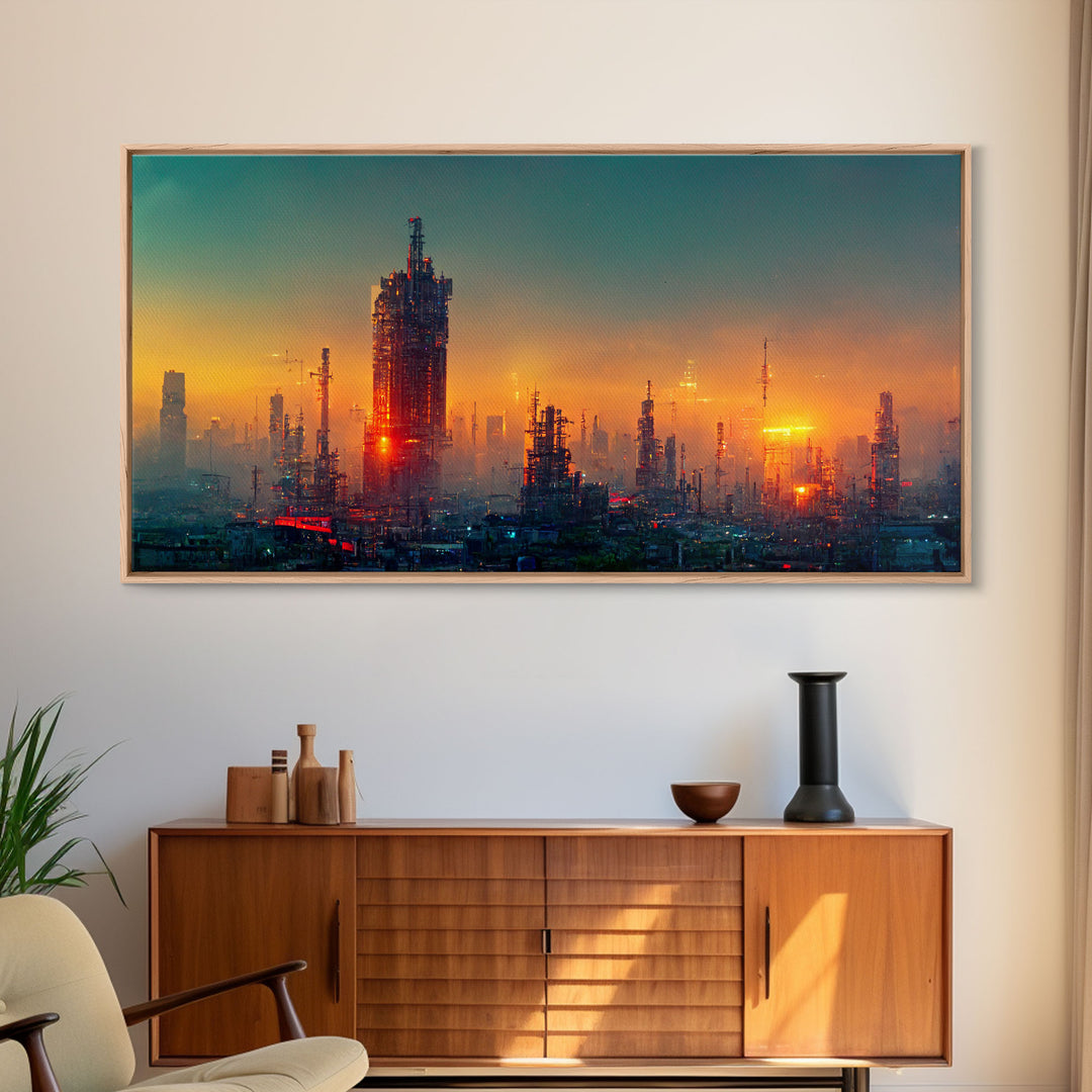 Cyberpunk city canvas art, video game concept art, living room wall art, dystopian art, outrun style city at sunset, man cave wall art