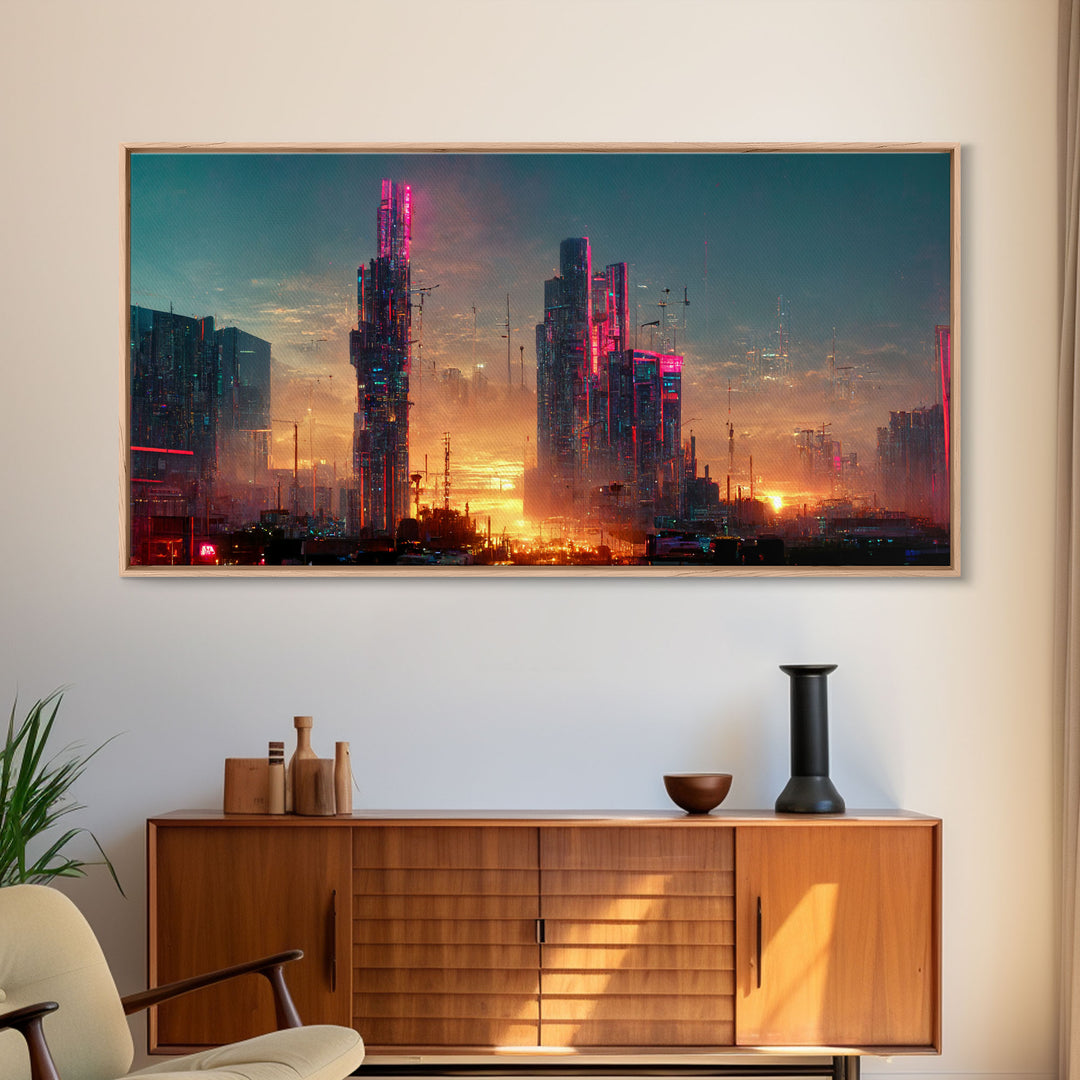 Cyberpunk city canvas, video game concept art, living room wall art, dystopian art, outrun style city at sunset, man cave art canvas print