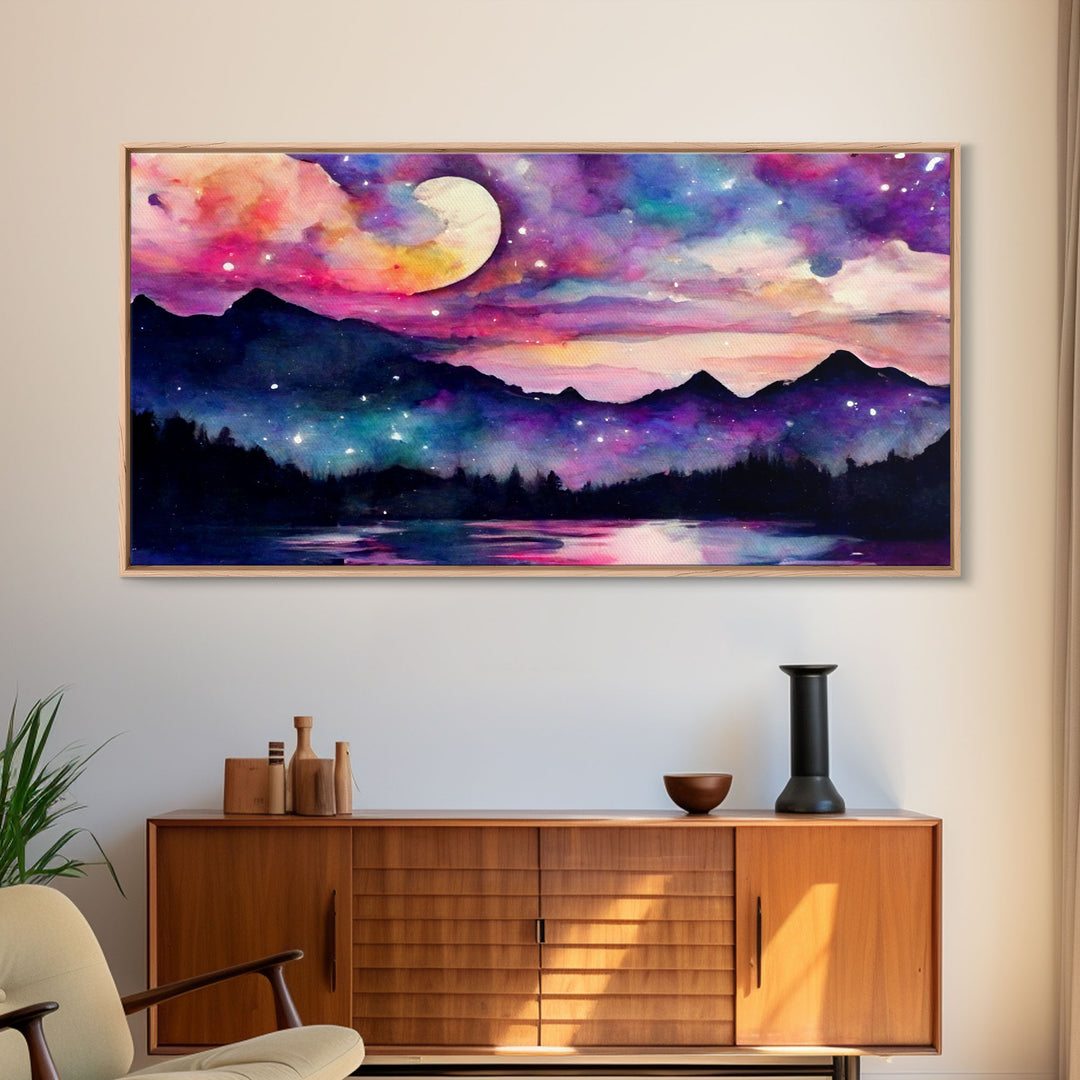 Magical forest canvas print, lake forest & mountains, beautiful wall art for living room, pink and purple wall art