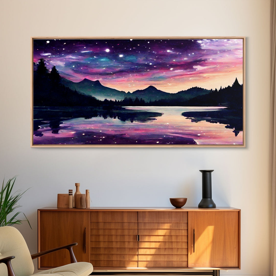 Beautiful lake at night canvas print, purple and pink sunset night sky, wall art canvas, lake front view, guest room wall art