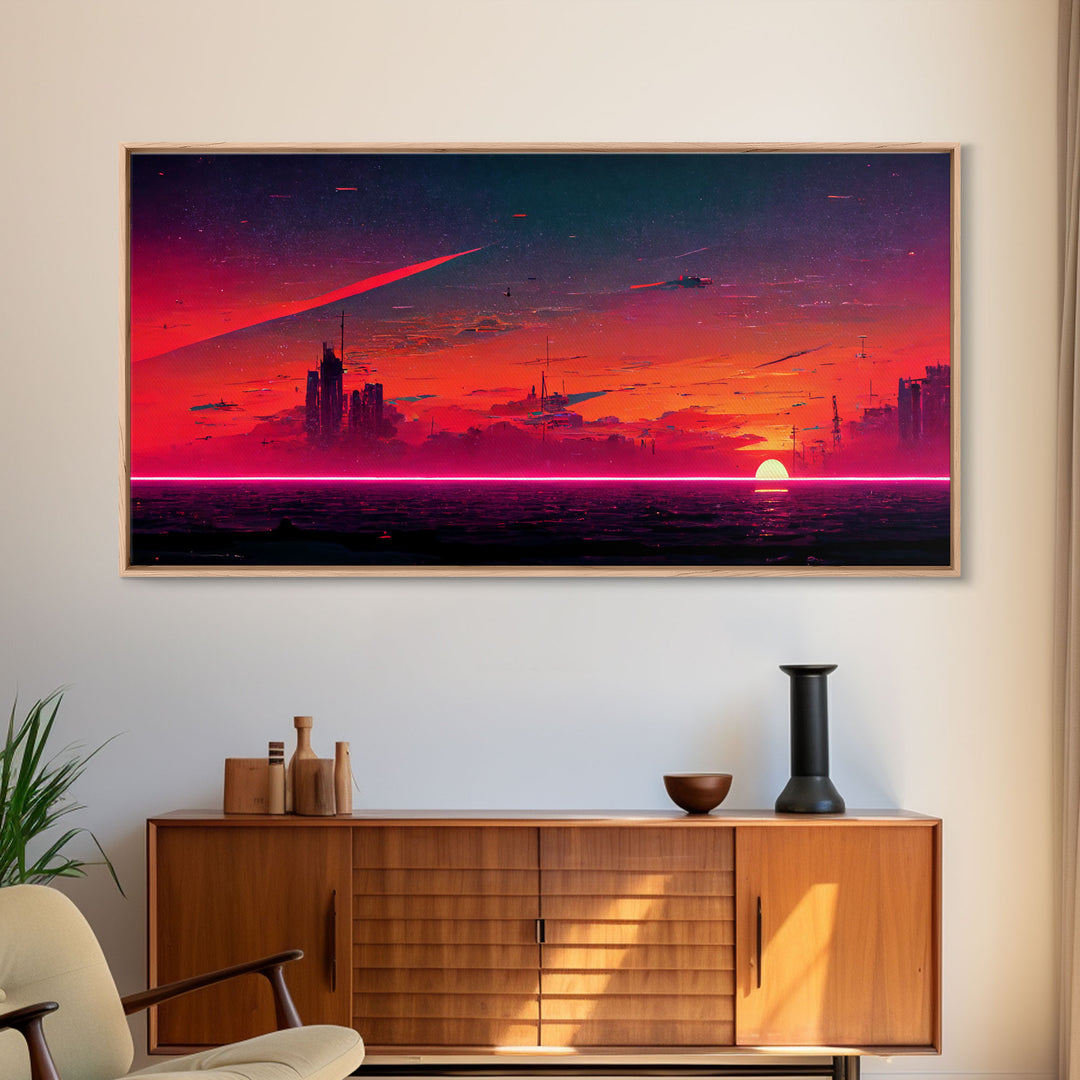 Cyberpunk lake art, city canvas, video game concept art, living room wall art, dystopian art, outrun city at sunset, man cave canvas print