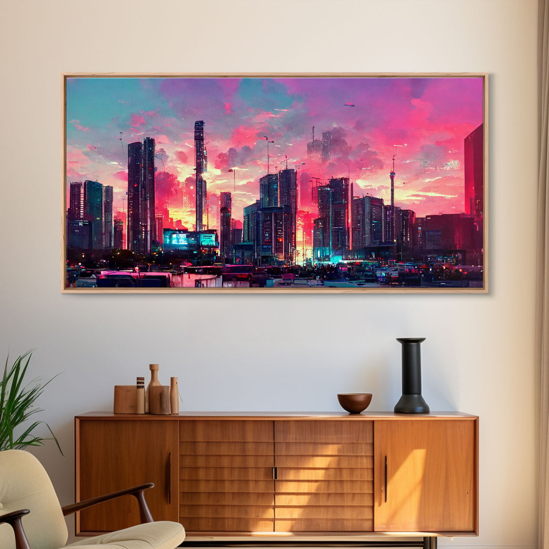 Cyber punk city skyline canvas print, outrun sunset, synthwave, vapor wave, dystopian city at sun set, mancave wall art, video game concept