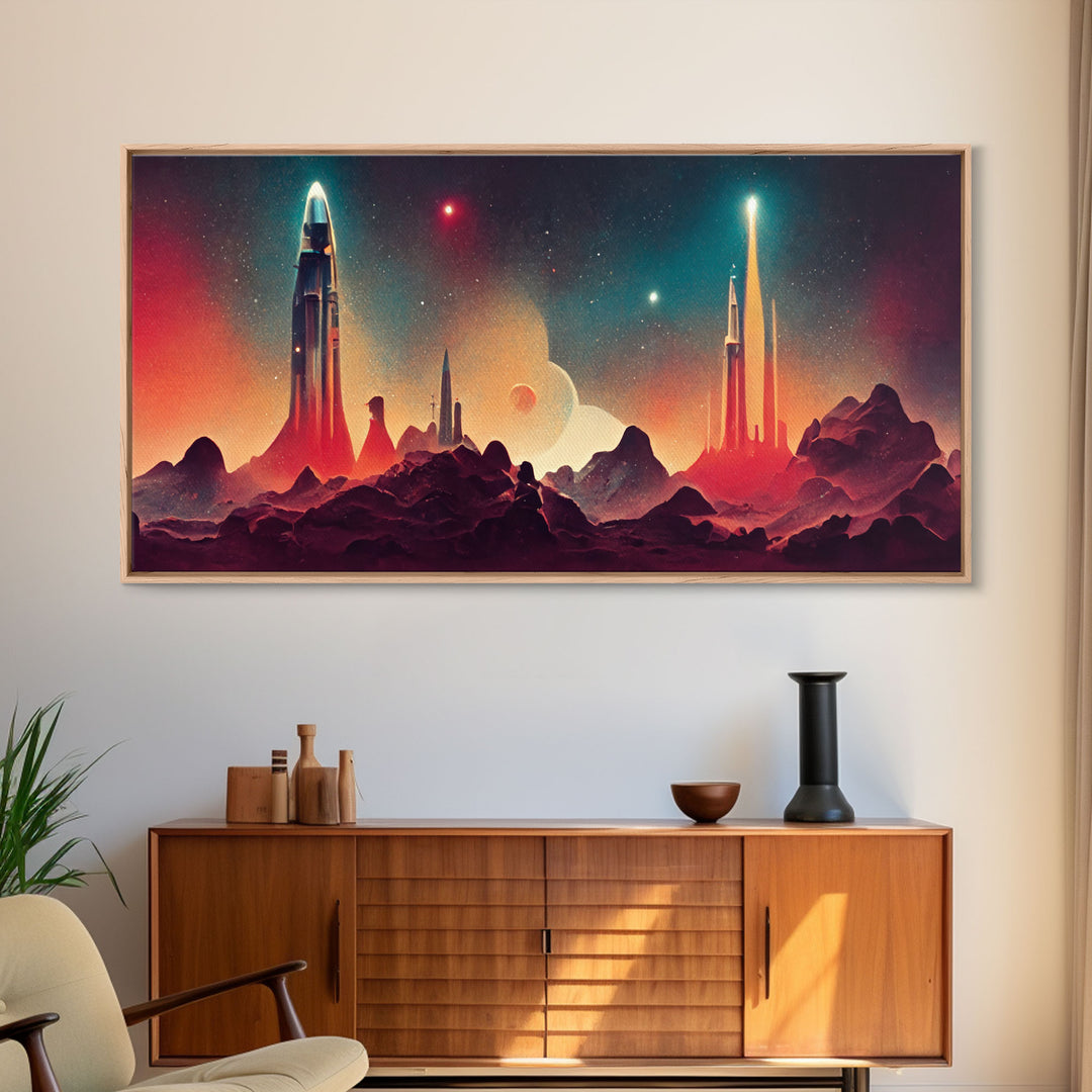 Art deco style space canvas print, space ship art, space art, outrun style, sci-fi themed art print, science fiction wall art