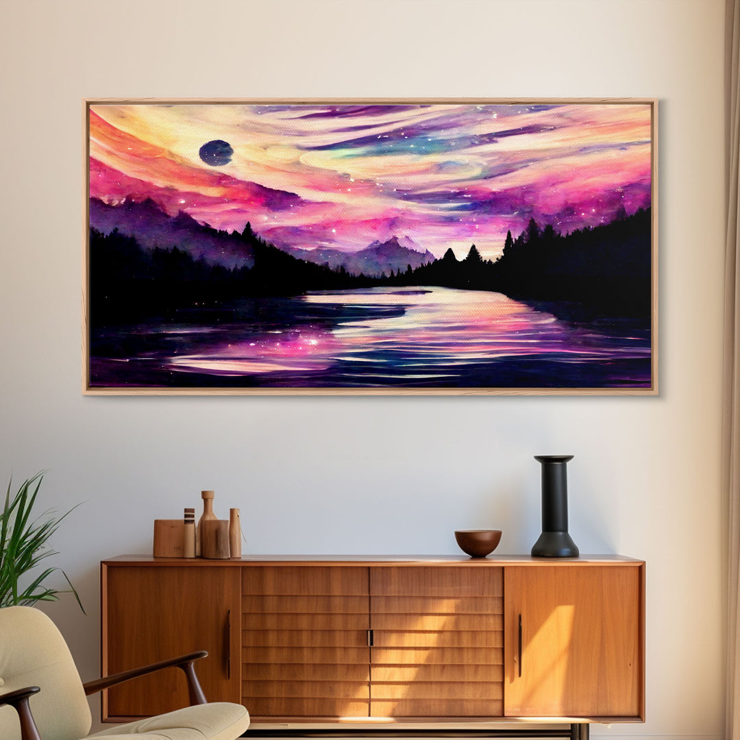 Beautiful lake at night canvas print, purple and pink sunset night sky, wall art canvas, lake front view, guest room, surreal Lakehouse Art