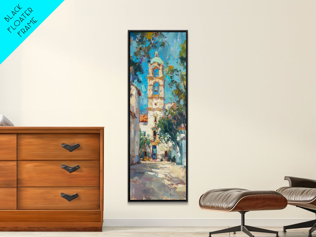 Textured Impasto Canvas Painting of Mexican Belltower, Western Wall Art for Living Room, Skinny Canvas Print for Office, Modern Wall Art