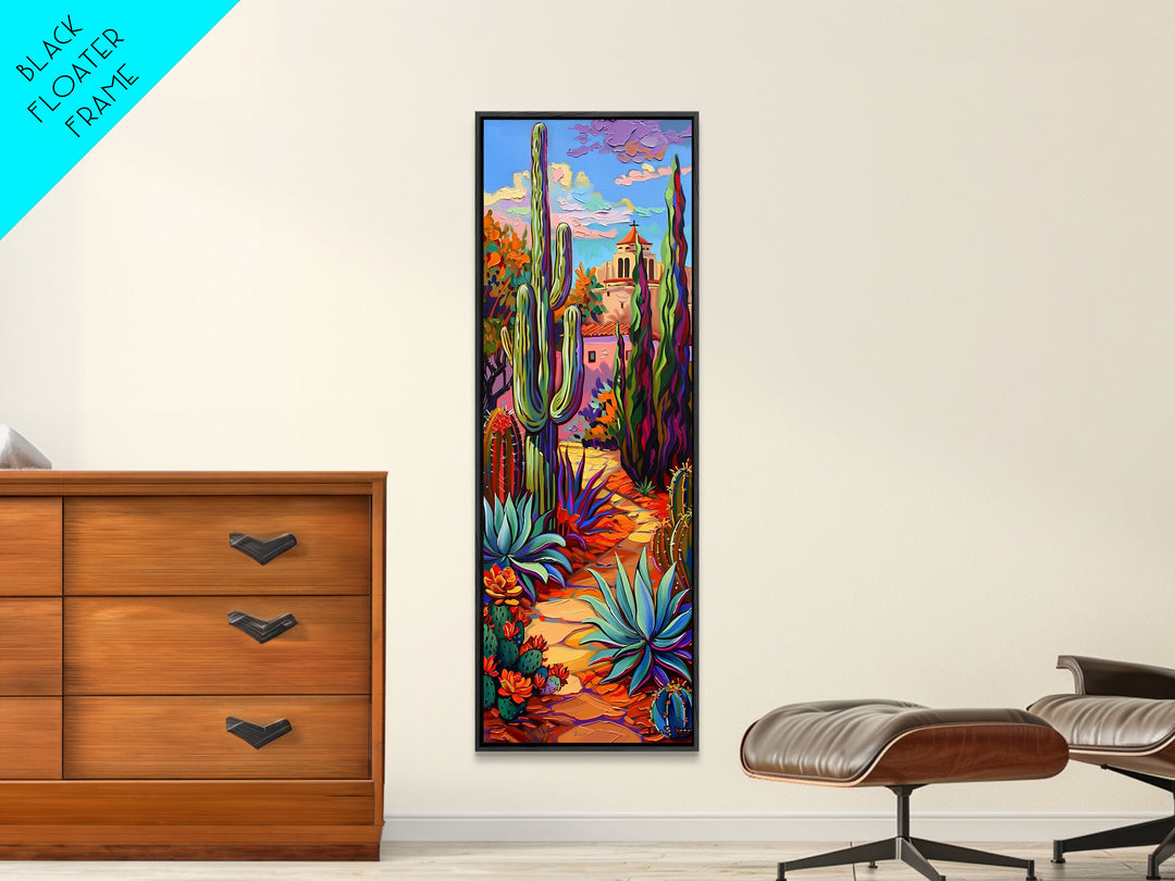 Printed Gouache Style Canvas Painting of Desert Landscape, Framed Narrow Wall Art, Mexican Landscape Art Print, Living Room Art Print