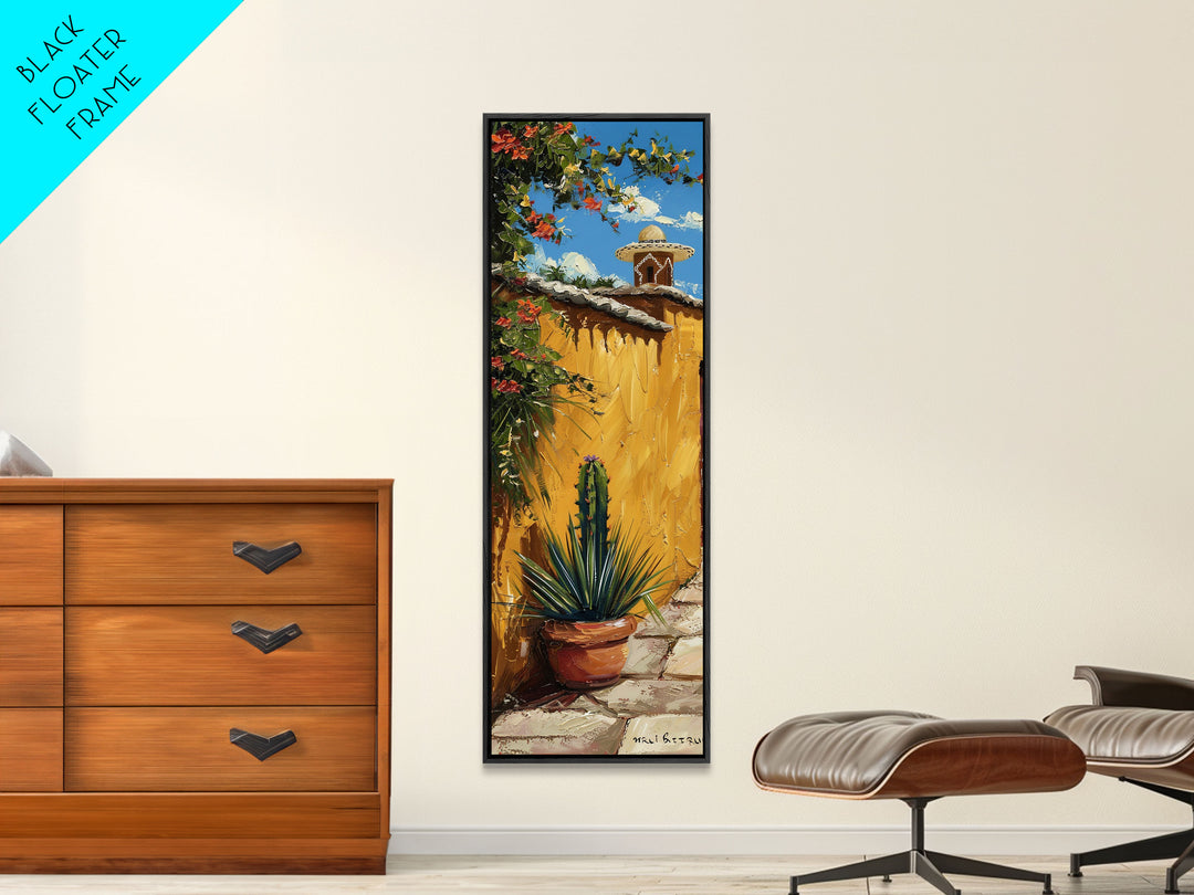 Mexican Inspired Impasto Canvas Painting Framed, Southwestern Wall Art, Tall and Narrow Wall Art, Framed Canvas Art for Living Room