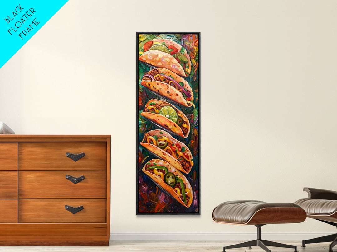 Taco Painting Framed and Printed on Canvas, Colorful Kitchen Wall Art, Mexican Inspired Food Art, Large Narrow Wall Art, Kitchen Decor