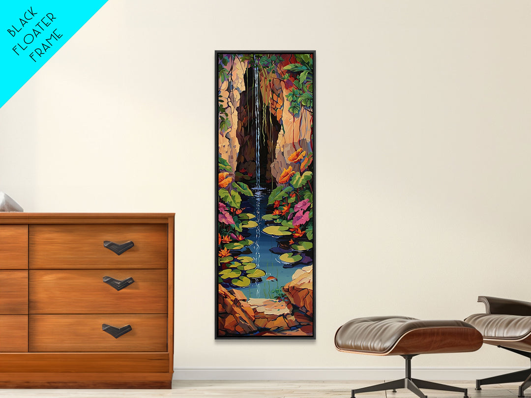 Whimsical Waterfall Canvas Painting Framed and Printed, Contemporary Art Print of Tropical Landscape, Botanical Wall Art Print, Nature Art