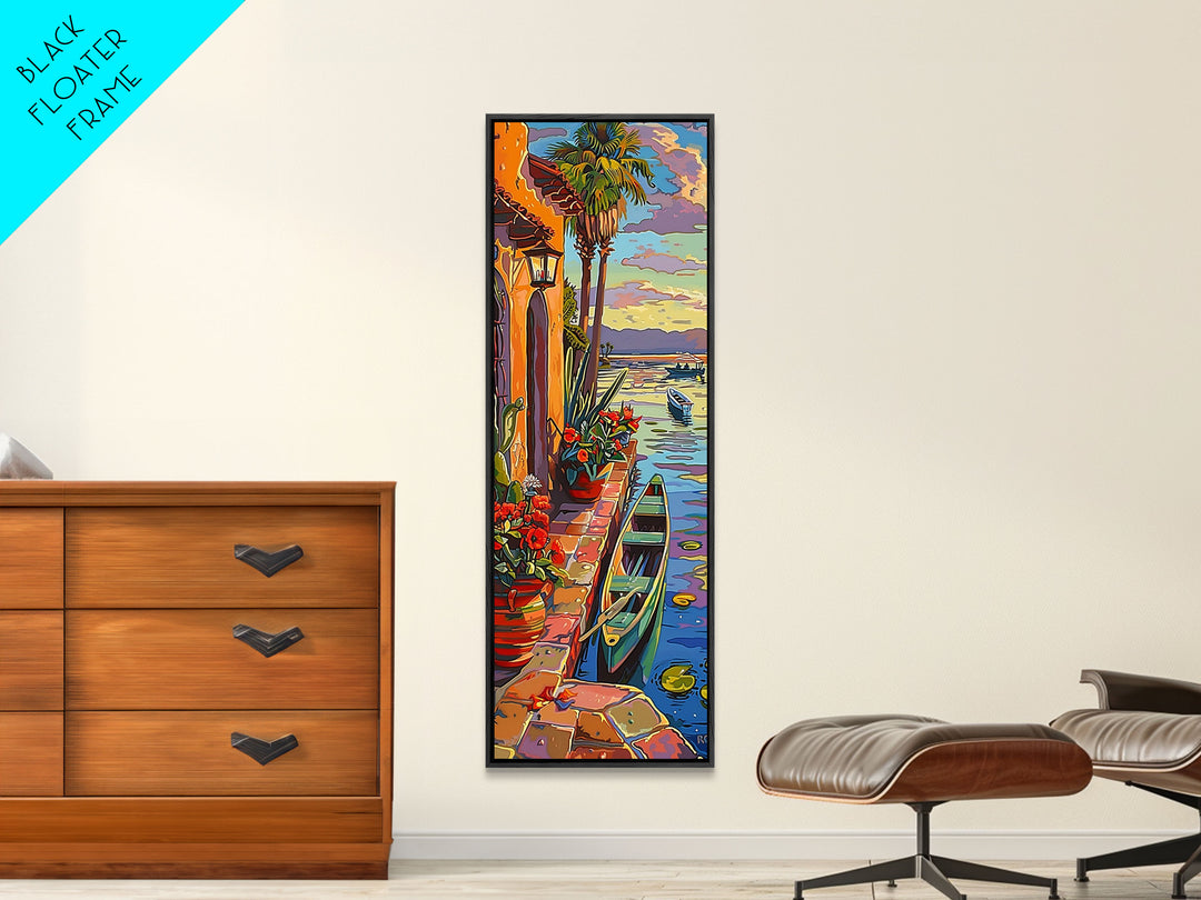 Long Narrow Vertical Wall Art Print of Beachside Landscape, Sunset Wall Art Print, Nautical Wall Art Framed on Canvas, Colorful Beach Art