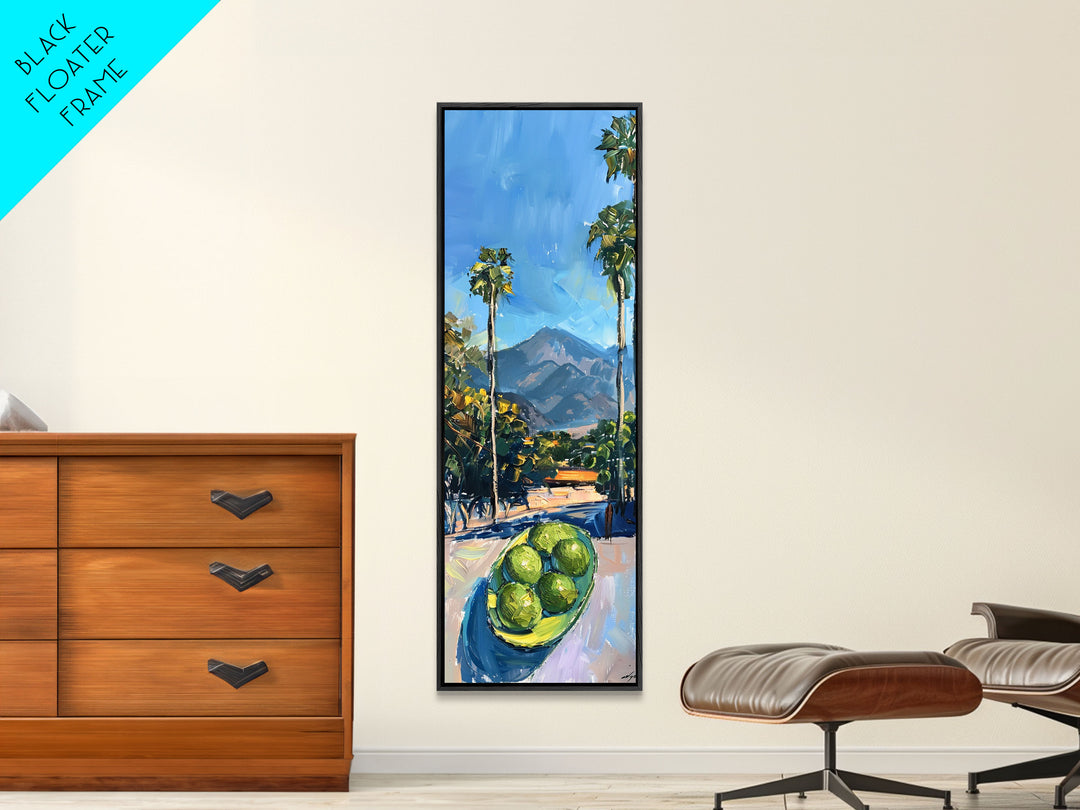 Tall and Narrow Palm Tree California Landscape Art Print Framed on Canvas, Printed Wall Art, Gouache Style Landscape Painting, Mountain Art