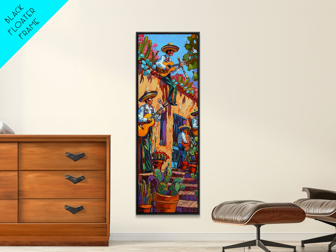 Tall and Narrow Mexican Style Mariachi Band Printed on Framed Canvas, Colorful Botanical Canvas Art, Maximalist Wall Art Print, Spanish Art