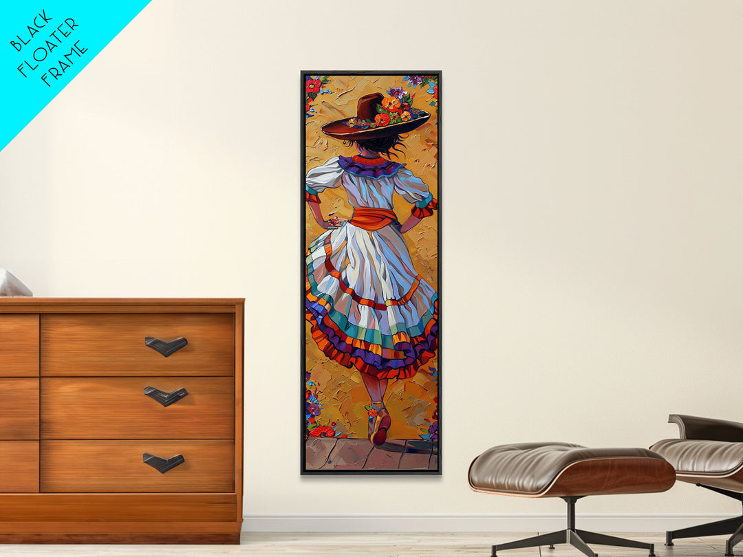 Textured Canvas Painting Print of Mexican Flamenco Dancer, Spanish Framed Art, Rustic Wall Art Print for Living Room, Oversized Vertical Art