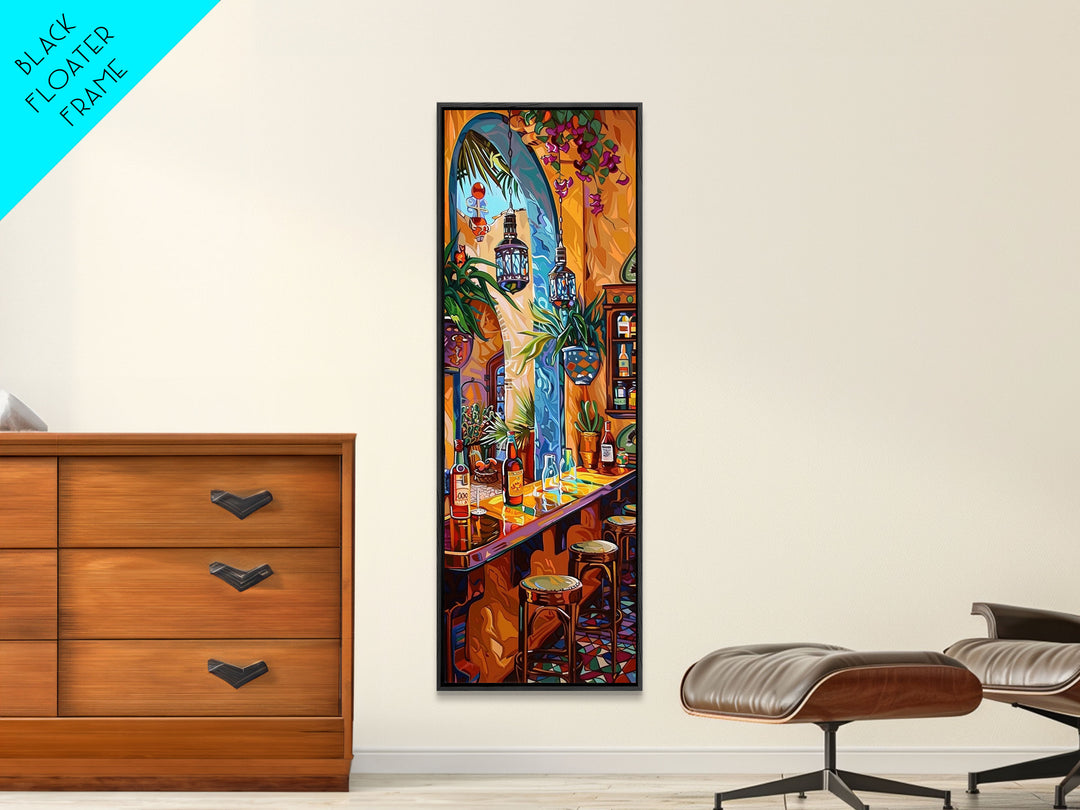 Spanish Inspired Bar Art Canvas Painting Framed, Still Life Art for Kitchen, Abstract Oil Painting, Vertical Framed Wall Art for Kitchen