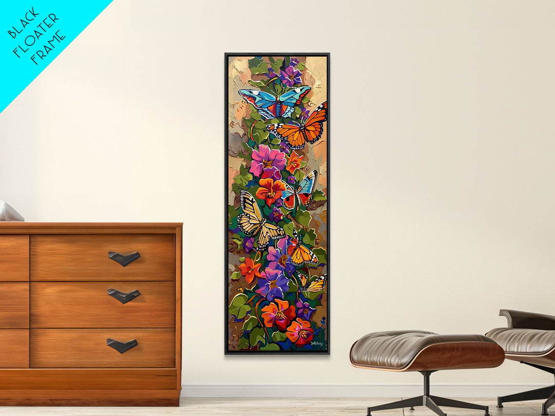 Colorful Abstract Framed Butterfly Canvas Art, Gouache Style Painting, Botanical Wall Art, Oversized Long Narrow Wall Art for Bedroom