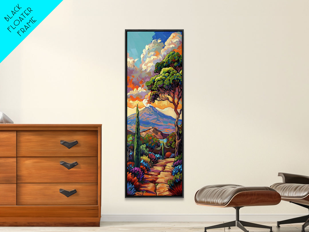 Colorful Textured Canvas Painting of Erupting Volcano Landscape, Tall and Narrow Vertical Art for Office, Mountain Wall Art Prints Framed