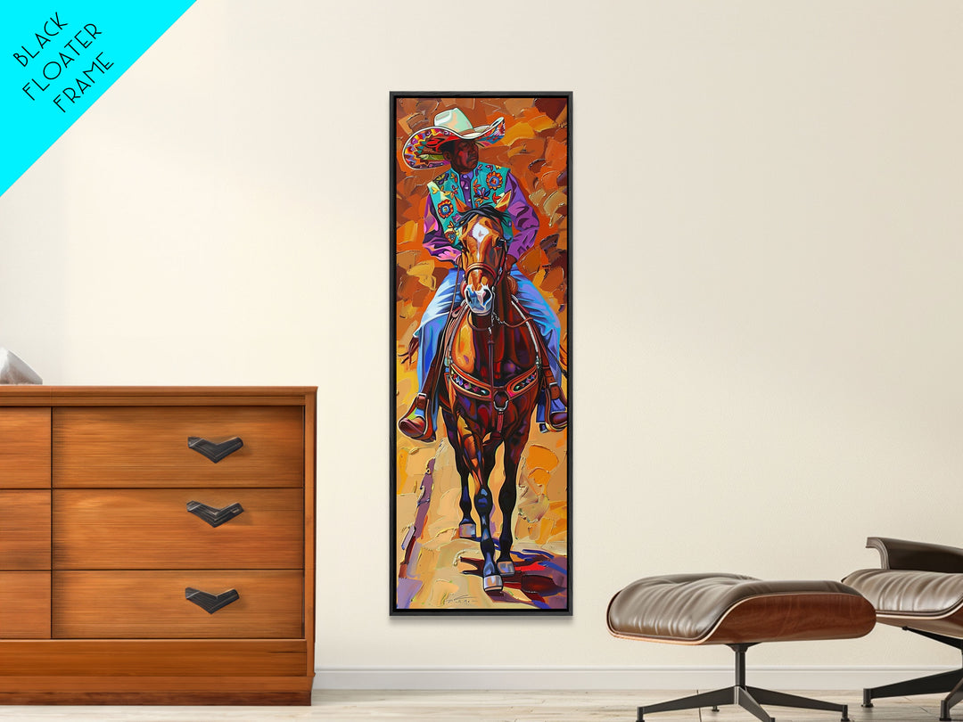 Vertical Acrylic Painting of Colorful Jalisco Cowboy Riding Horse Framed and Printed on Canvas, Mexican Inspired Wall Art for Living Room