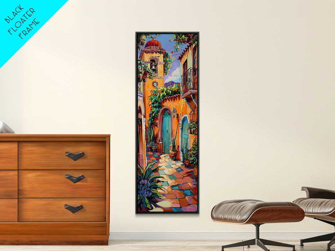 Rustic Colorful Mexican Inspired Hacienda Canvas Painting Framed, Spanish Wall Art Print, Vertical Tall and Narrow Wall Art for Large Space