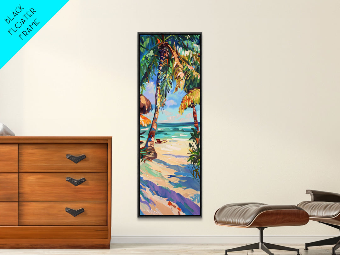 Tropical Wall Art Canvas of Ocean Landscape, Acrylic Gouache Style Canvas Art Framed and Printed, Long and Narrow Modern Abstract Art