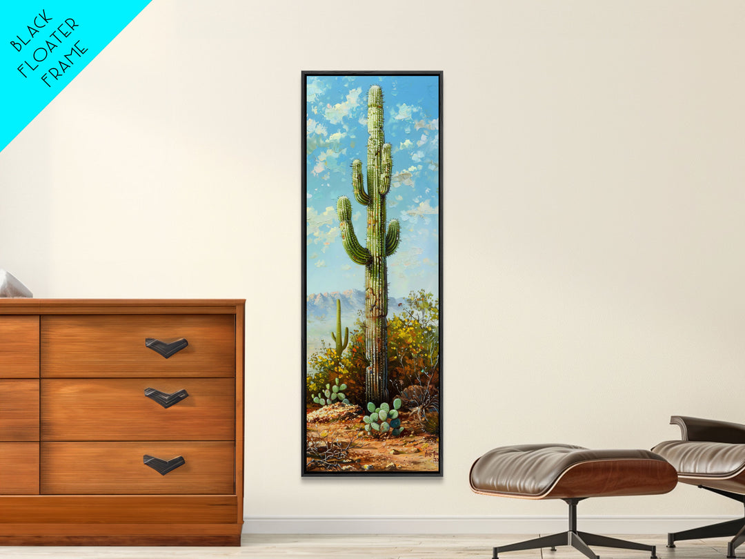 Framed Printed Acrylic Canvas Painting of Saguaro Cactus, Colorful Desert Art Print, Modern Western Wall Art Print, Office Wall Decor