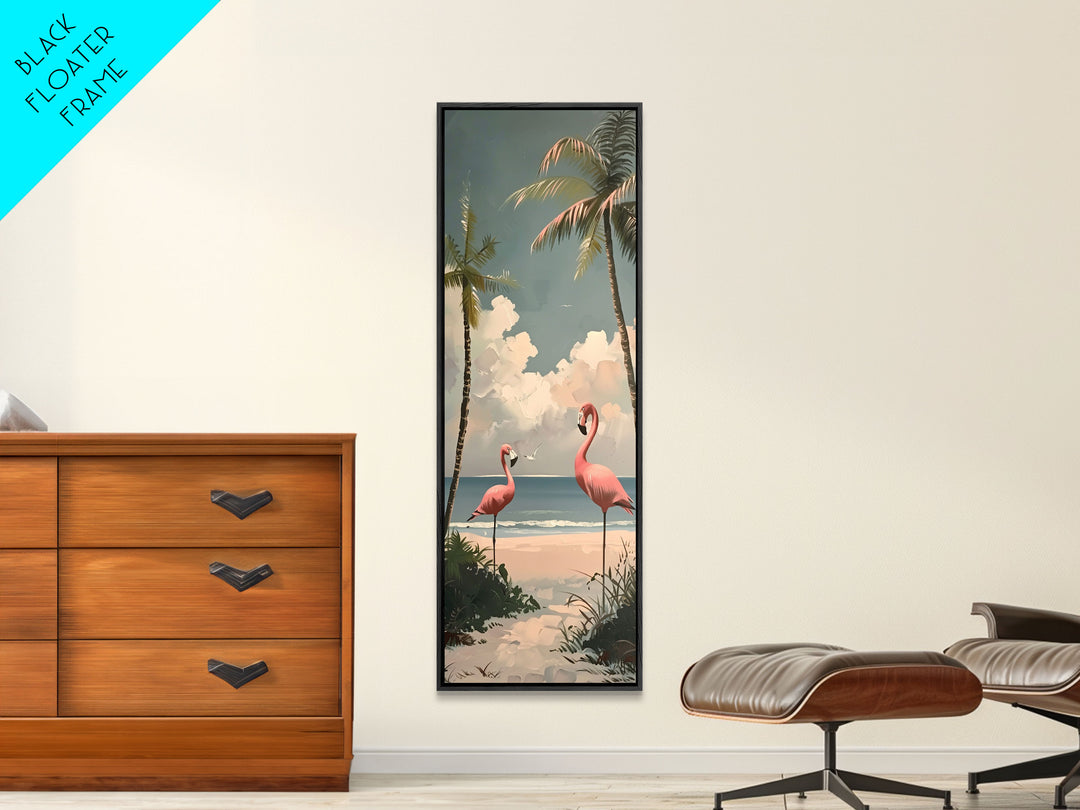 Flamingos on Beach, Coastal Art Framed and Printed on Canvas, Modern Beach House Wall Art Print, Housewarming Gift for Her, Beach Print