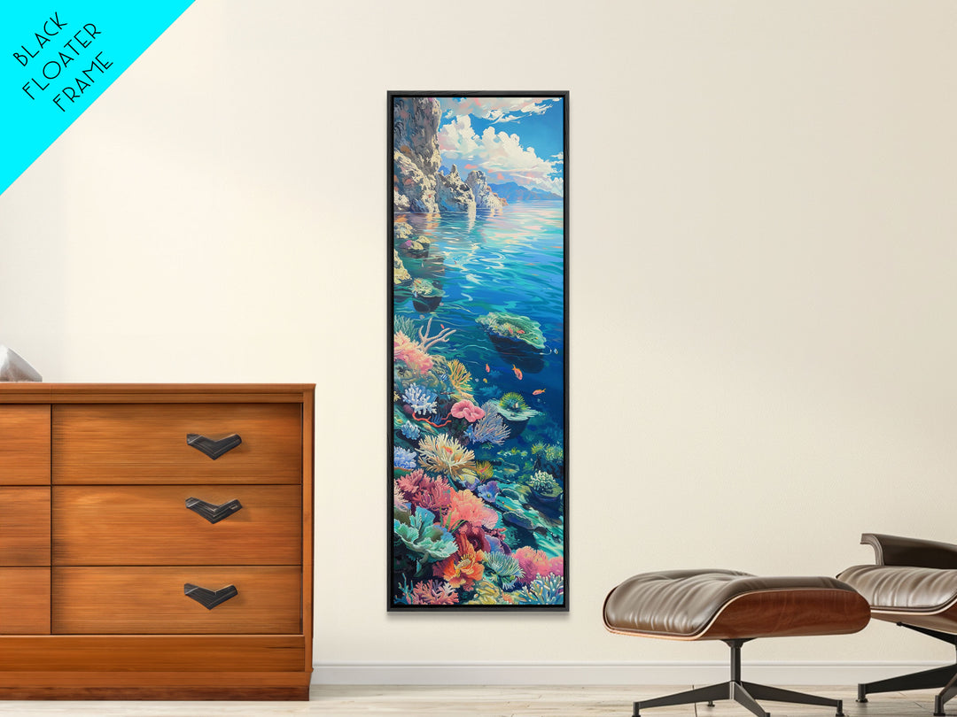 Tall and Narrow Vibrant Coral Reef Coastal Art Framed on Canvas, Ocean Painting, Tropical Coast Wall Art, Modern Art Print for Living Room