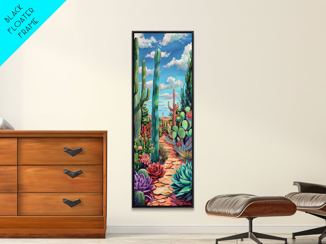 Vertical Printed Framed Canvas Art of Desert Landscape, Colorful Botanical Cactus Painting, Southwestern Wall Art, Vintage Canvas Art