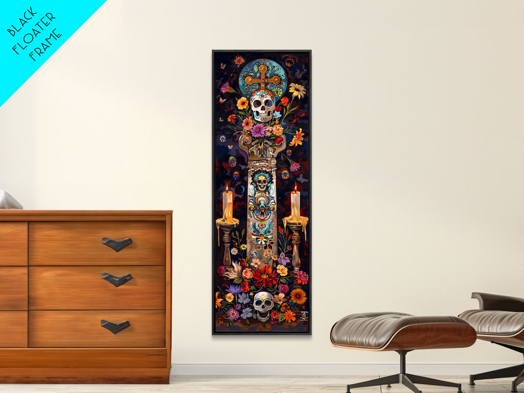 Dia De Los Muertos Sugar Skull Canvas Painting, Gothic Wall Art Print, Skinny Framed Canvas Art, Colorful Day of The Dead Poster Art