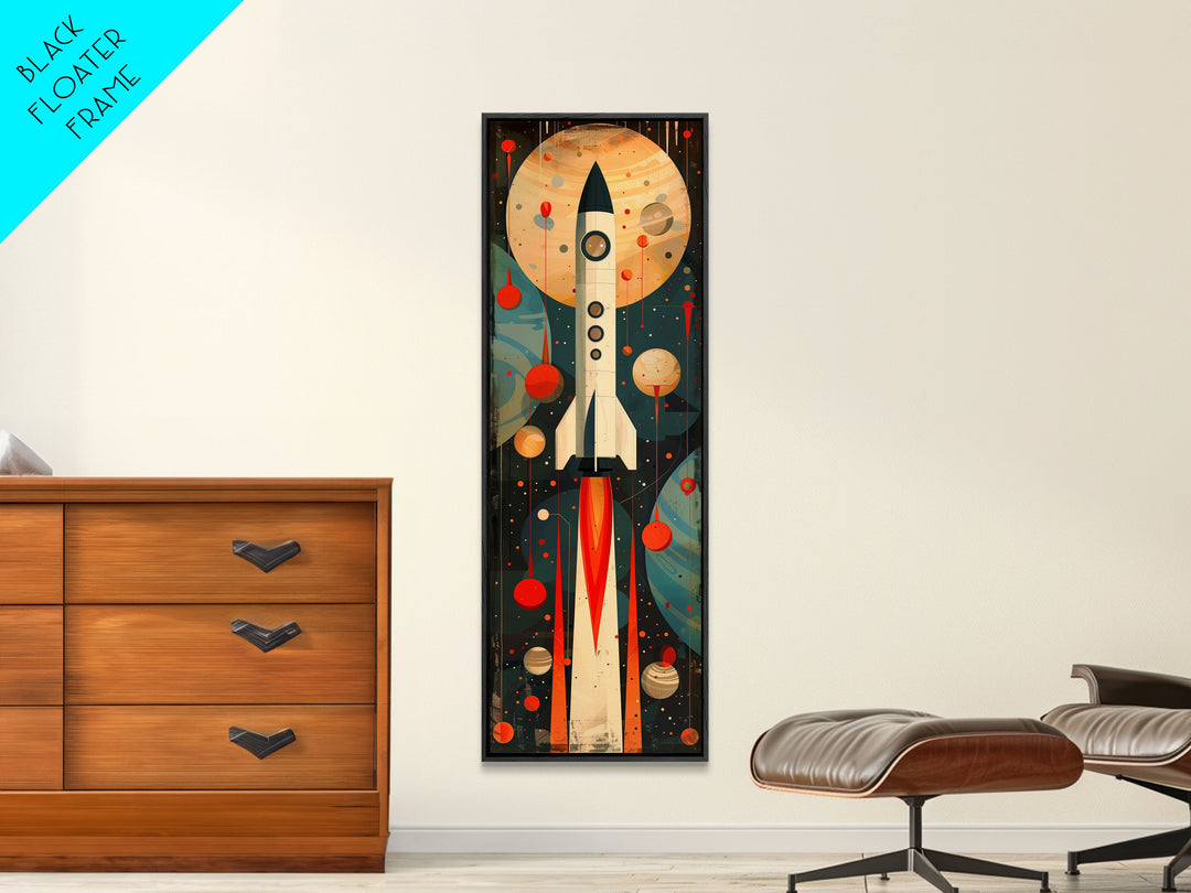 Vintage Rocket Launch Art - Framed Canvas Print, Midcentury Modern Skinny Art, Tall Wall Art for Living Room or Bedroom Decor