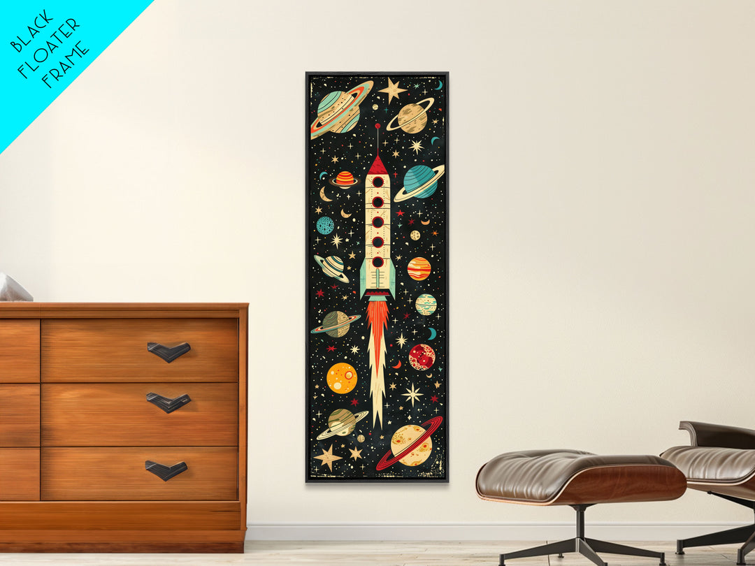 Space Exploration Art with Planets - Framed Canvas Print, Midcentury Modern Skinny Art, Tall Wall Art for Living Room or Bedroom Decor