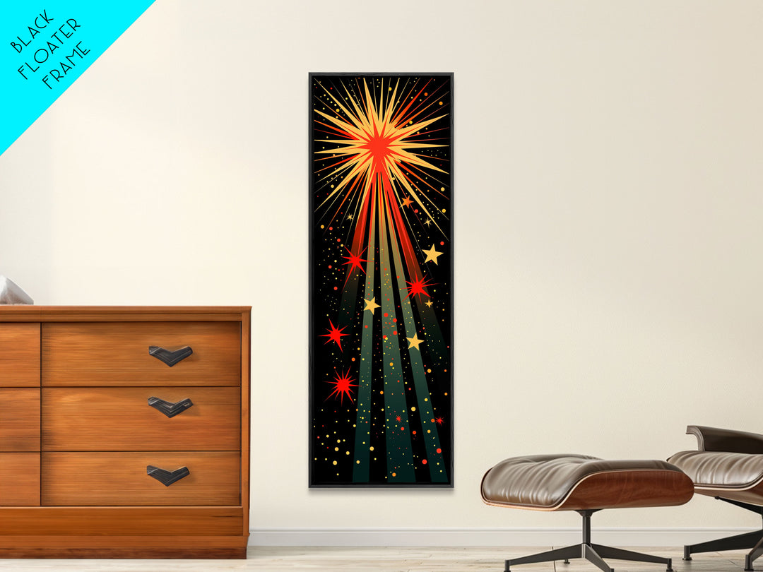 Starburst Explosion on Black Background - Framed Canvas Print, Boho Art, Midcentury Modern, Skinny Art, Tall Art, Bedroom Wall Art, Minimalist Art