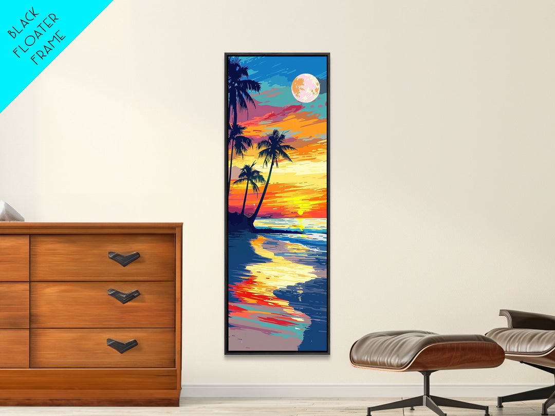 Vibrant Tropical Sunset Midcentury Modern Art - Framed Canvas Print, Boho Art, Skinny Art, Living Room Art, Bedroom Decor, Coastal Landscape