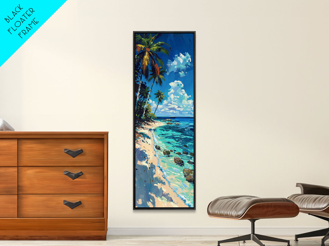 Tropical Beach Scene With Palm Trees Skinny Art Framed Canvas Print For Living Room Or Bedroom Wall Art