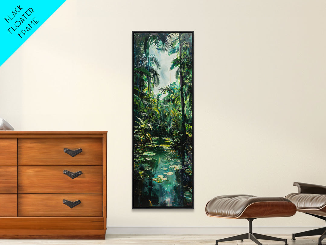 Tropical Island Paradise Scene With Mountain Reflections Skinny Art Framed Canvas Print For Living Room Or Bedroom Wall Art