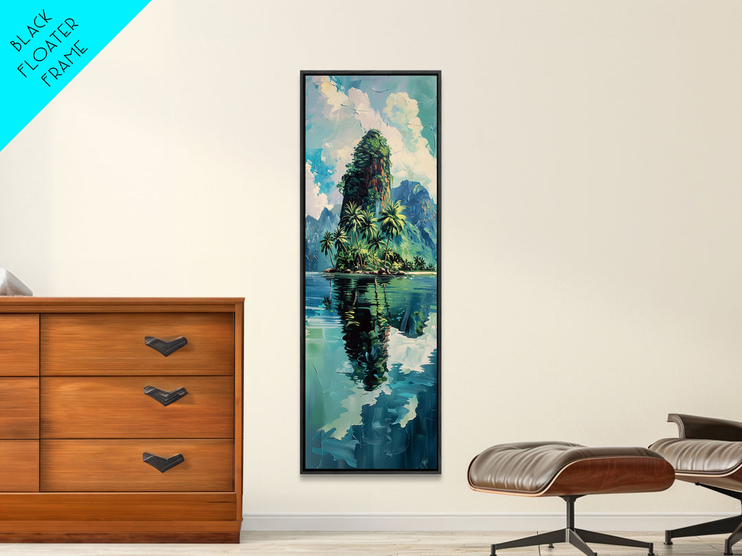 Tropical Island Paradise Scene With Mountain Reflections Skinny Art Framed Canvas Print For Living Room Or Bedroom Wall Art