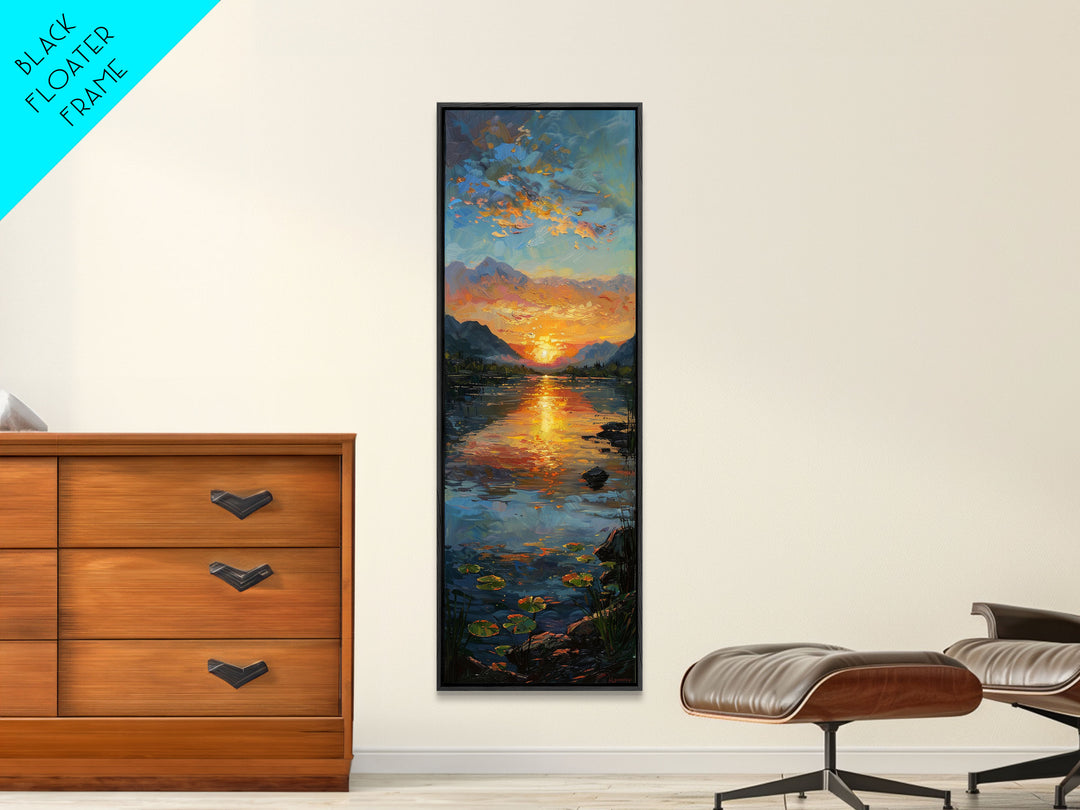 Vibrant Sunset Over Lake Art - Framed Canvas Print, Skinny Tall Art, Landscape Painting, Wall Art for Living Room, Bedroom Decor, Sunset Art