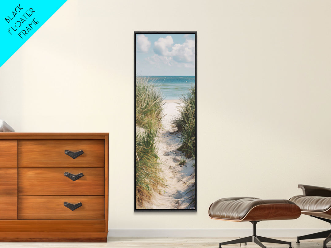 Tranquil Beach Path Art - Framed Canvas Print, Skinny Tall Art, Coastal Landscape Wall Art, Living Room Decor, Bedroom Art, Beach Pathway Painting