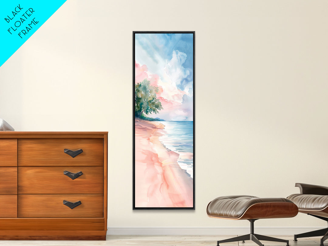 Tropical Beach Watercolor Art - Framed Canvas Print, Skinny Tall Art, Coastal Landscape Wall Art, Living Room Decor, Bedroom Art, Tropical Print