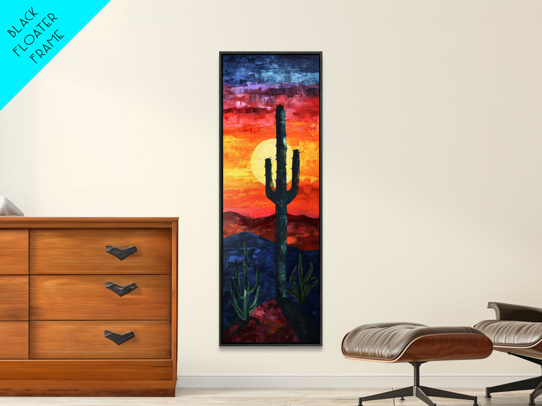 Desert Landscape with Saguaro Cactus Silhouette Against a Fiery Sunset on a Framed Canvas Print Skinny Art Piece