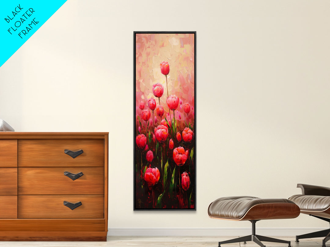 Vibrant Red Tulips in Bloom Against a Soft Pink Background on a Framed Canvas Print Skinny Art Piece