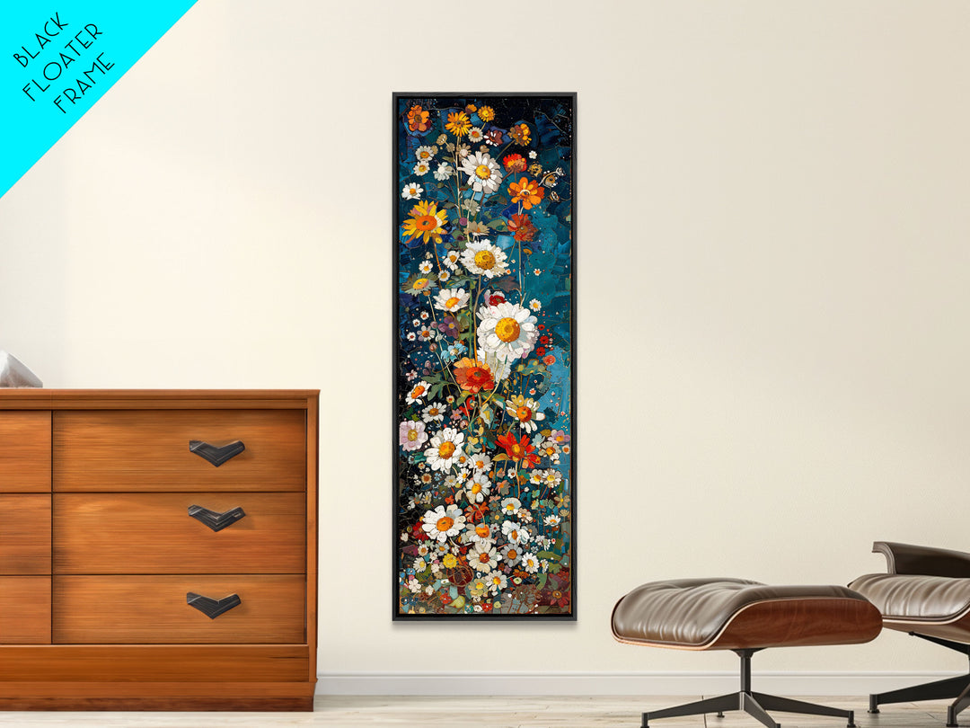 Tall Skinny Art of Vibrant Floral Mosaic on Blue Background as Framed Canvas Print for Bright Wall Decor and Home Interiors