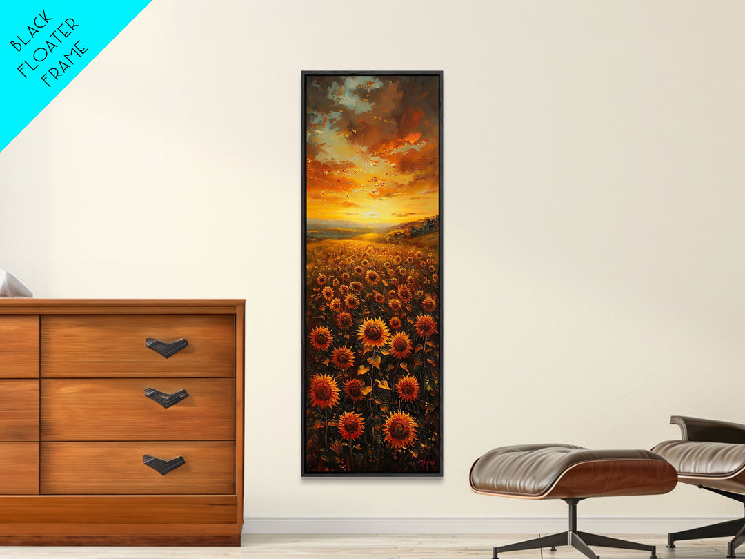 Sunflowers in Golden Sunset, Tall Skinny Art Framed Canvas Print Ideal for Warm Wall Decor in Living Rooms or Bedrooms