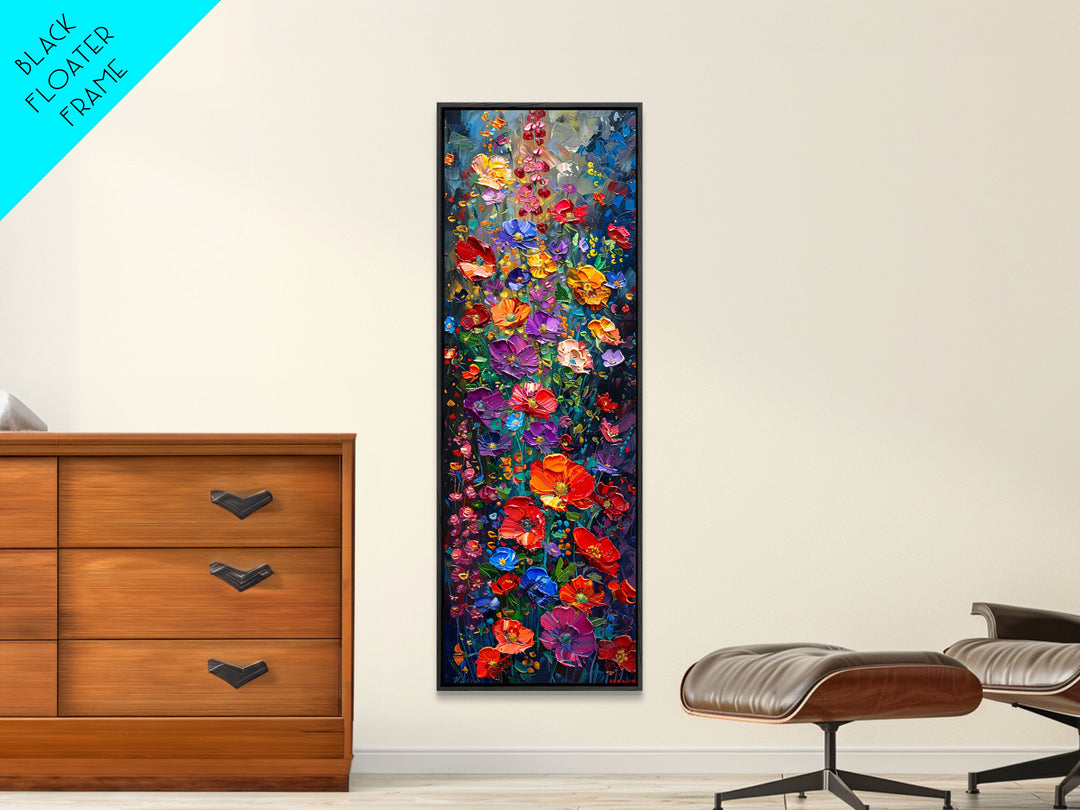 Vibrant Floral Cascade on Textured Canvas as Tall Skinny Art Framed Canvas Print for Colorful Wall Decor in Modern Interiors