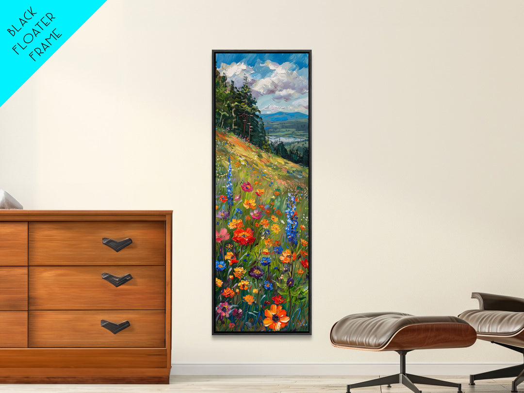 Wildflowers In Bloom, Framed Canvas Print, Skinny Panoramic Landscape Painting, Beautiful Wall Art, Gift Idea For Her, Housewarming