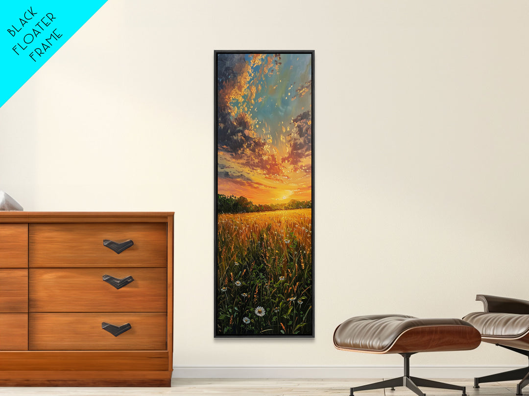 Wheat Fields At Sunset Framed Canvas Print - Beautiful Wall Art - Skinny Art - Tall Art - Statement Piece - Living Room Decor