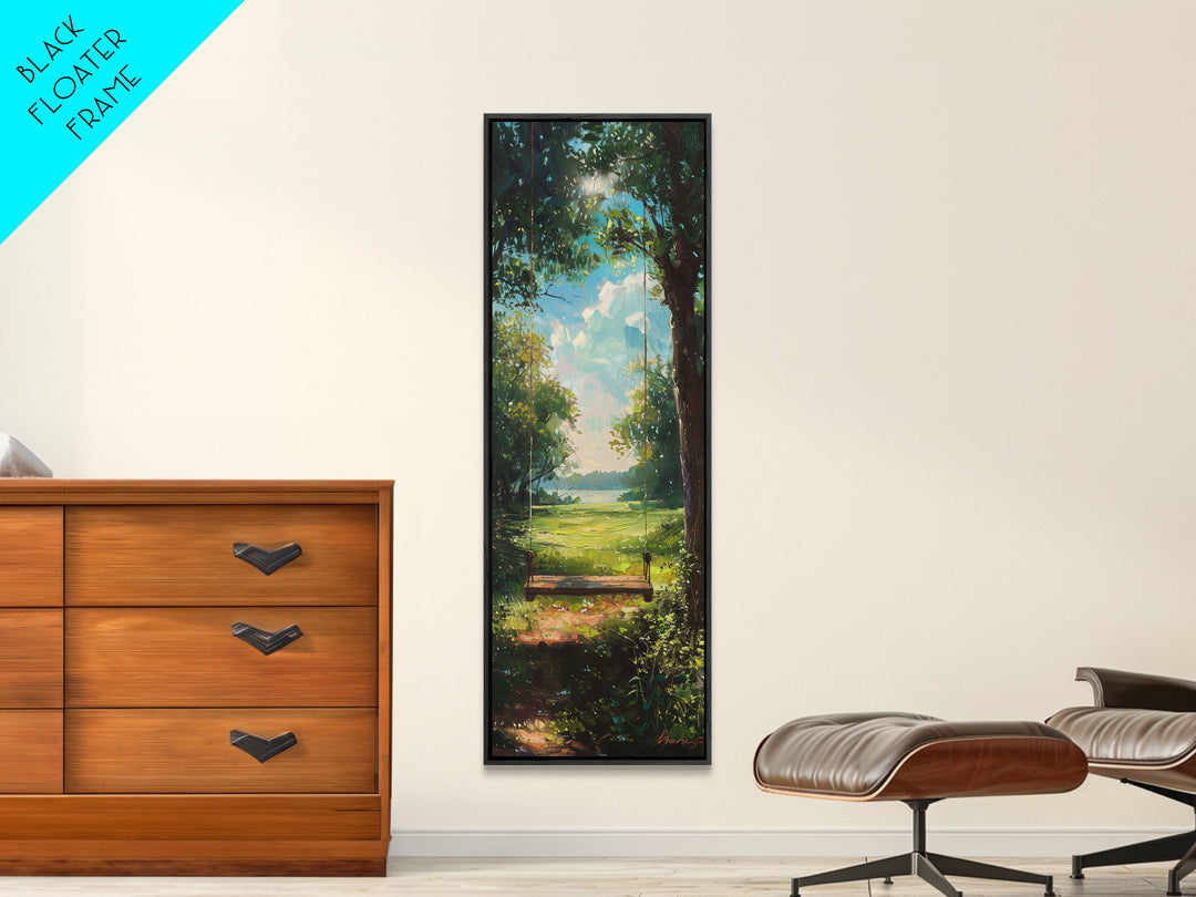 The Tree Swing Framed Canvas Print, Spring Time Decor, Tall Art, Statement Piece, Whimsical Boho Style Wall Art