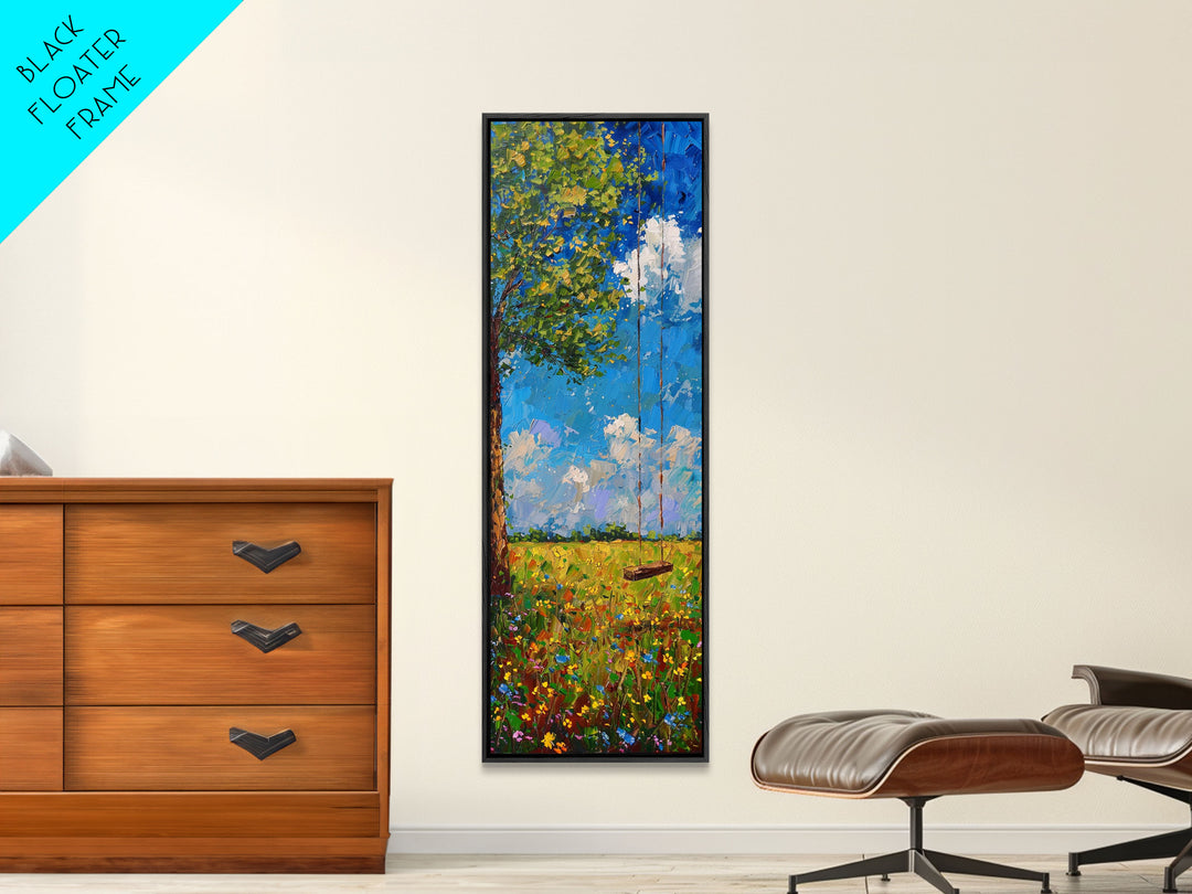 The Tree Swing Framed Canvas Print, Spring Time Decor, Tall Art, Statement Piece, Whimsical Boho Style Wall Art