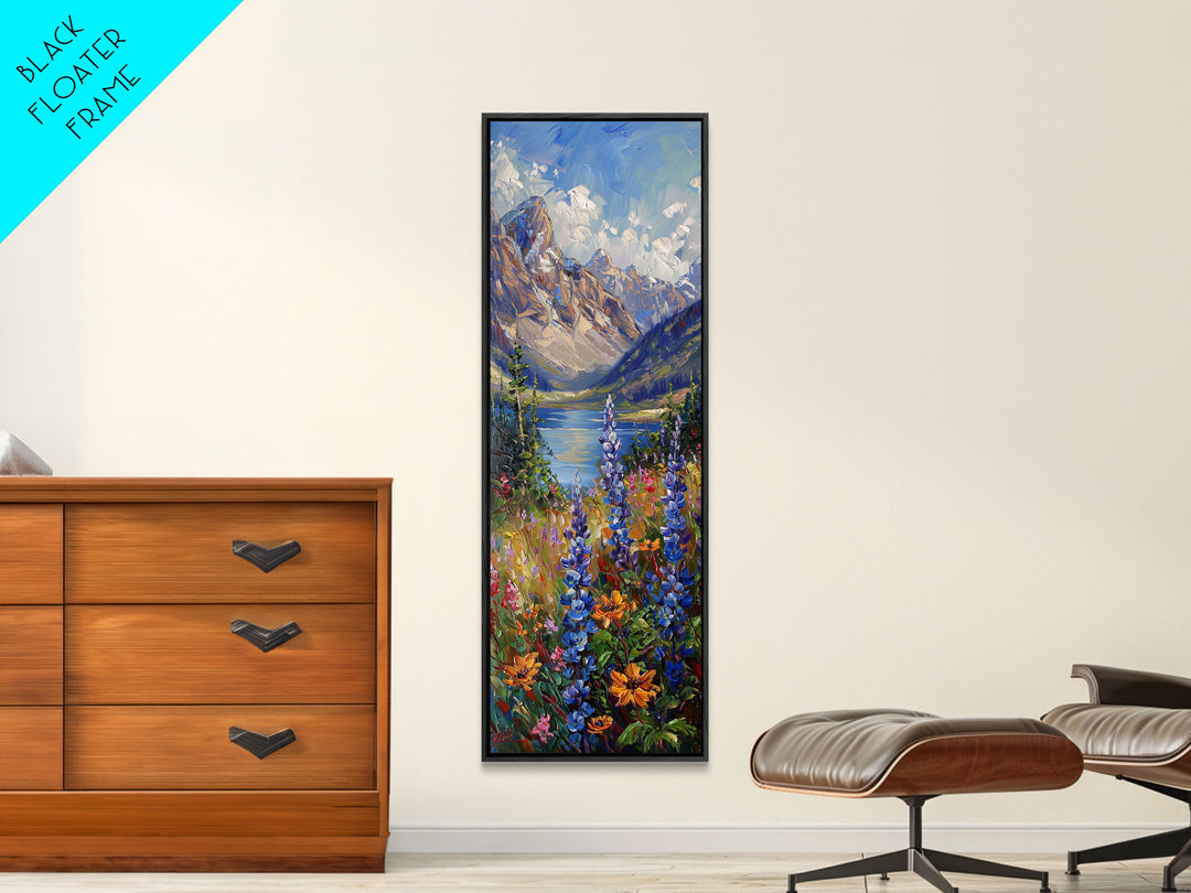 Wildflowers and Mountains, Springtime in Colorado, Framed Canvas print, Oil Painting Print, Living Room Decor, Tall Art, Wood Frame Wall Art, Home Decor