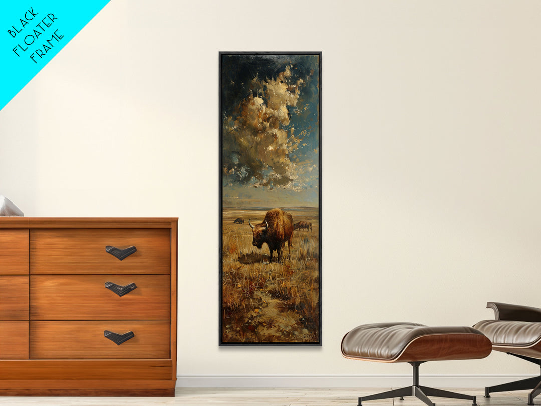 Wild Buffalo On The Oklahoma Prairie, Framed Canvas Print, Minimalist Farmhouse Decor Oil Painting Print